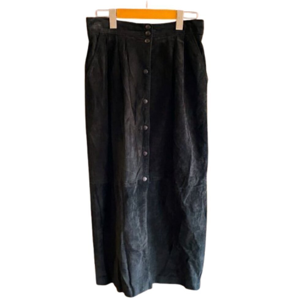 Vintage Danier leather suede black maxi snap button down skirt